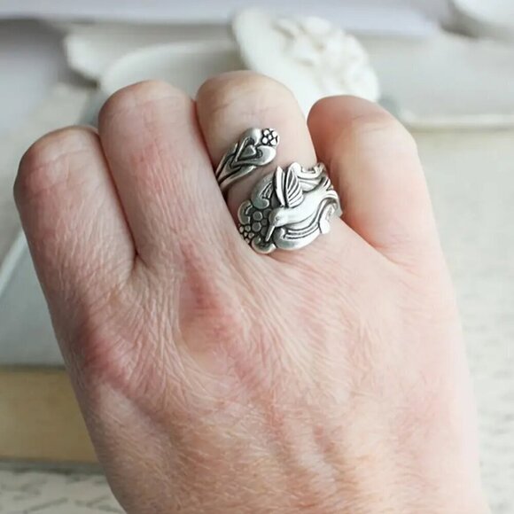 Boho Flower and Hummingbird Adjustable Spoon Ring #1357 - Picture 10 of 14
